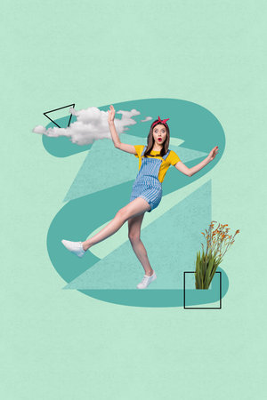 Art image vertical photo collage of happy girl guy dance spring march occasion wildflower bloom bush floriculture postcardの写真素材