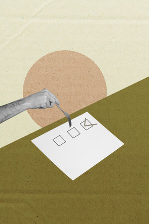3d trendy image photo collage of human hand paper sheet ballot patriotism election decision checkmark sign democracy rightsの写真素材