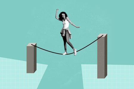 Pop art collage of woman dancing on rope with two columns walking over green backgroundの写真素材