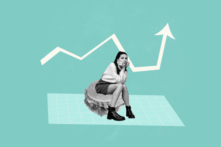 Surreal collage of person sitting on big hamburger with arrows on green backgroundの写真素材