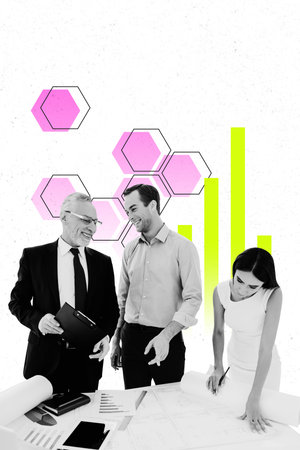 Creative poster banner 3d collage photo of three happy business partners old man young girl guy...