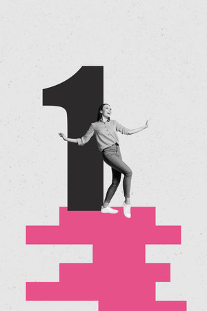 Vertical trendy banner 3d collage photo of happy businesswoman stand first place achievement goal promotion chance developmentの写真素材