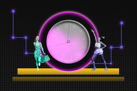 Composite creative art collage of two happy business partners girls stand graph progress statistics...