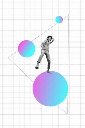 3d image banner trend artwork collage of happy hipster guy wear headphones music entertainment meloman chill occasion clubbingの写真素材