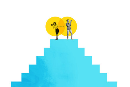 3d image full photo collage of two excited girl guy business partners stand career ladder development promote loudspeakerの写真素材