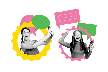 3d pop zine sketch artwork collage of two happy girls hold phone type message networking bubble correspondence gearwheelの写真素材