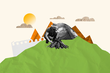 Creative poster banner 3d collage of serious guy hiker do campfire tent wanderlust summer travel tour tourism hobby doodleの写真素材