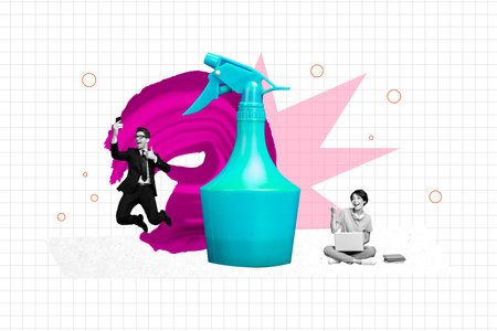 Banner poster banner photo collage of two happy guy girl hold phone laptop stand spray detergent cleaning disinfection conceptの写真素材
