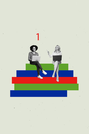 Vertical creative zine photo collage of two happy business partners girls surf laptop development...