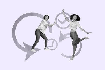 3d full image poster banner collage of two happy girls business partners stand arrow development checkmark approval projectの写真素材