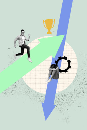 Sketch art creative vertical photo collage of happy guy upset girl business partners arrow up goblet progress achievement declineの写真素材