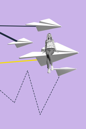 Creative 3d artwork pop banner collage of happy businesswoman sit paper plane delivery aim...