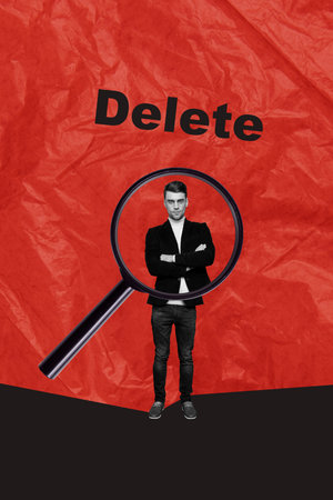 Collage design trend artwork sketch of young businessman hr zoom glass delete candidate employment corporate failure worker joblessの写真素材