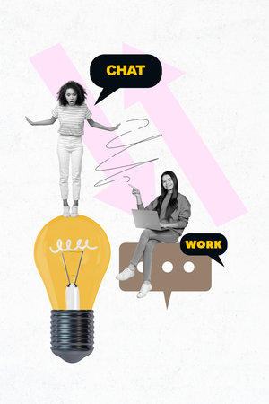Vertical pop poster banner collage of two happy business partners hold laptop arrow light bulb chat workload developmentの写真素材