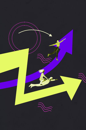 Photo image trendy banner collage of happy business partners girls guy fly arrow development statistics progress conceptの写真素材