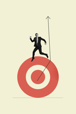 Collage showing creative concept of business growth and success with over rising arrow chart goal aim hitting centerの写真素材