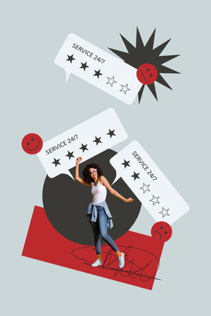 Collage of business woman man person check feedback messages online customer reviews and 5 star service experience conceptの写真素材