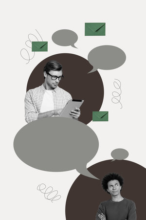 Collage of people chatting through devices with speech bubbles letters showing digital communication business private life conceptの写真素材