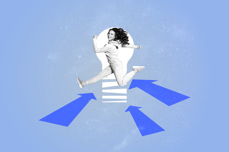 Banner trend collage of person stand jump run above picture arrows light bulb on blue backgroundの写真素材