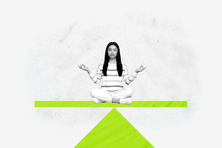 Banner trend collage of people stand meditate image scales balance over white backgroundの写真素材