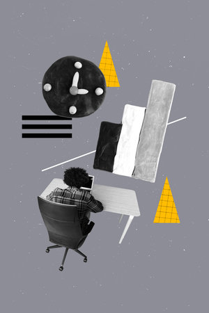 Banner image design collage of anonym businessman sit workplace type laptop chart development statistics deadline clock progressの写真素材