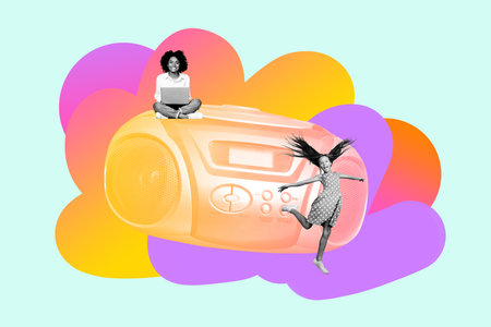Banner 3d image trendy poster collage of two happy girls kid dance retro boombox celebration holiday surf laptop disco occasionの写真素材