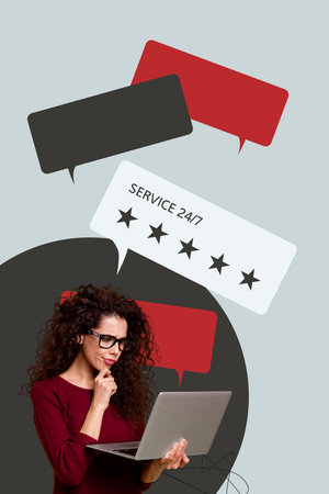 Collage of business woman man person check feedback messages online customer reviews and 5 star...