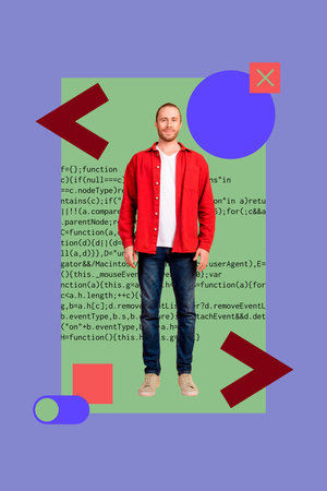 Collage of business man woman in front of abstract charts programming code symbolizing creative digital professionsの写真素材