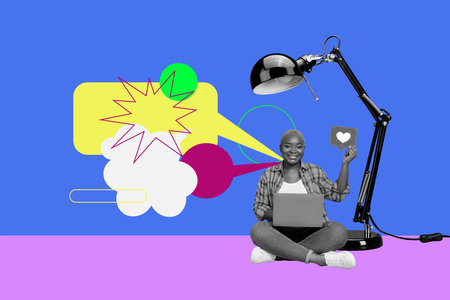 Collage of business person blogging under desk lamp with speech bubbles representing business work late hours digital jobsの写真素材