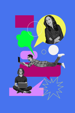 Collage of diverse people blogging chatting speech bubbles representing communication digital interaction business correspondenceの写真素材