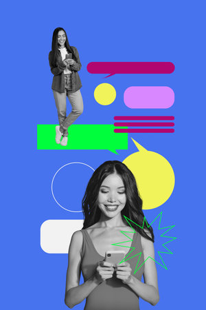 Collage of diverse people blogging chatting speech bubbles representing communication digital interaction business correspondenceの写真素材