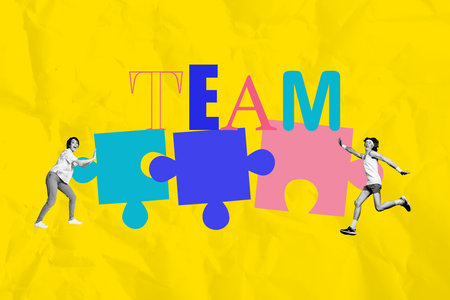 Artwork photo full collage of two happy girl guy stand puzzle element development match jigsaw teamwork cooperation planの写真素材