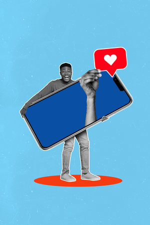 Banner sketch 3d image banner collage of happy blogger man hold phone receive follower heart like smm notification bloggingの写真素材