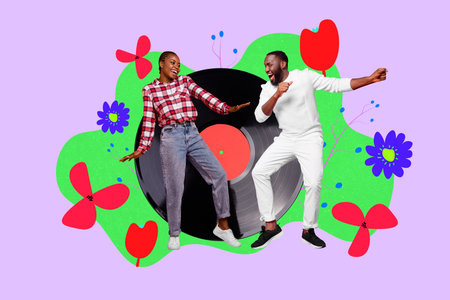 Collage with funny people among colorful flowers symbolizing family parentship friendship love...