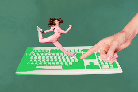 Collage of business person relax coffee retro computer keyboard keys text programming code in work conceptの写真素材