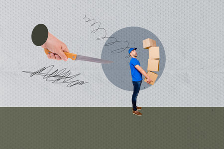 Collage with courier man carrying boxes and a hand holding a knife, symbolizing delivery stress and pressureの写真素材