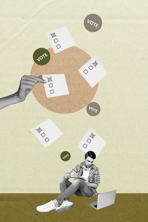 Vertical trendy magazine photo collage of happy girl guy stand election paper sheet cross ballot citizen choice presidentの写真素材