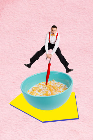 Image art pop trend collage of shocked guy jump umbrella milk cereal breakfast nutrition dairy...