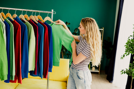 Woman browses colorful clothes on a clothing rack in a bright modern living room at home while...