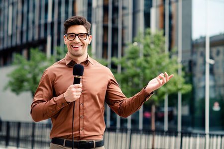 Confident young businessman in urban setting holding microphone during outdoor presentation in modern cityの写真素材