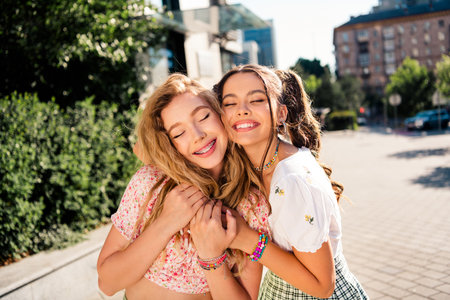 Two happy girlfriends hug on sunny city street sharing friendship style joy and laughterの写真素材
