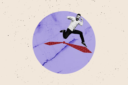 Contemporary art pop image collage of happy business guy jump deadline clock expire limit countdown timepiece regime punctualityの写真素材