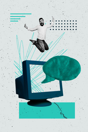 Creative photo poster trend art collage image of happy guy jump pc monitor bubble networking...
