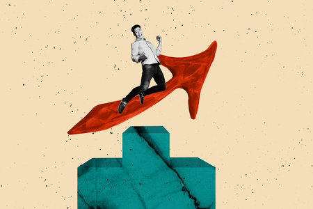 Banner artwork trend collage of happy businessman jump arrow development career promotion chance pedestal winning conceptの写真素材
