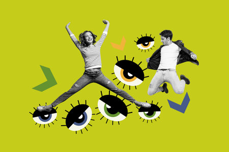 Contemporary art pop image collage of two happy girl guy jump together eyeball stare supervision controlの写真素材