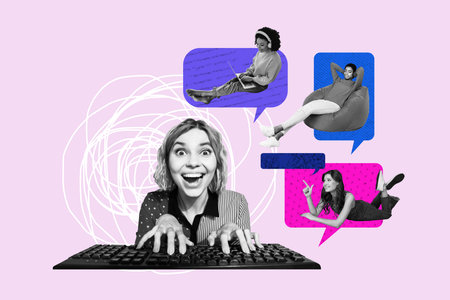 Composite creative art collage of happy girl write keypad message icon laptop phone answer distance friends correspondenceの写真素材