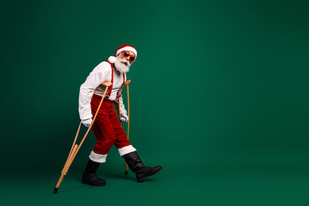 Cheerful Santa Claus in Traditional Red Suit Using Crutches on a Festive Green Background During Holiday Seasonの写真素材