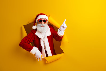 Charismatic Santa Claus pointing on a yellow background, expressing festive cheer and promoting joyful holiday celebrationの写真素材