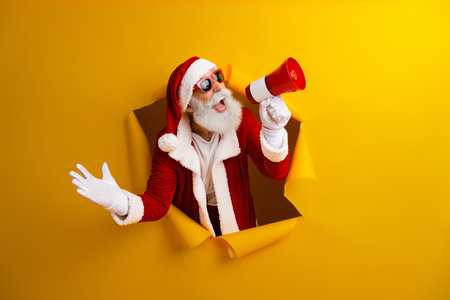 Funky Santa Claus uses a red megaphone against a yellow backdrop, showcasing holiday cheer and festive spiritの写真素材