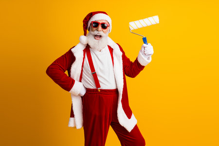 Funky Santa Claus posing with a painting roller in celebration of the festive season bringing creativity and joy on a yellow backdropの写真素材
